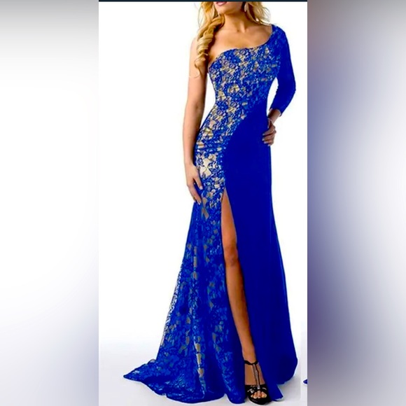 HOST PICK❣️New Blue Mesh Overlay One Shoulder Evening Dress Gown Sz XXL 14/16 - Picture 4 of 8
